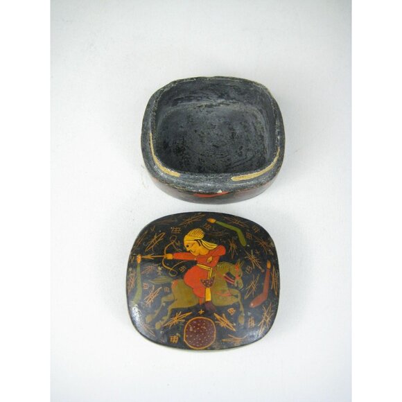 Vintage Kashmir Paper Mache Box Hand Painted Trinket Box Archer Horse - Picture 9 of 14